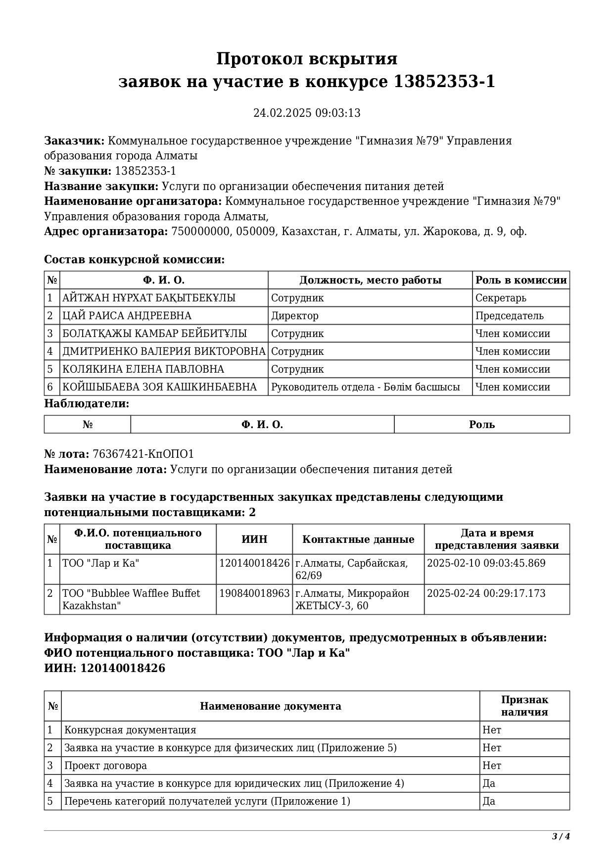 Протокол открытия тендера на оказание услуг питания в 2025 году